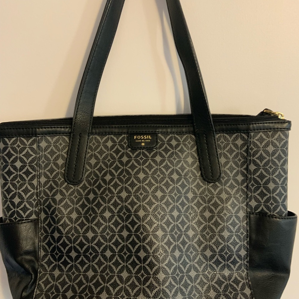 Fossil Black and Gray Patterned Tote Bag